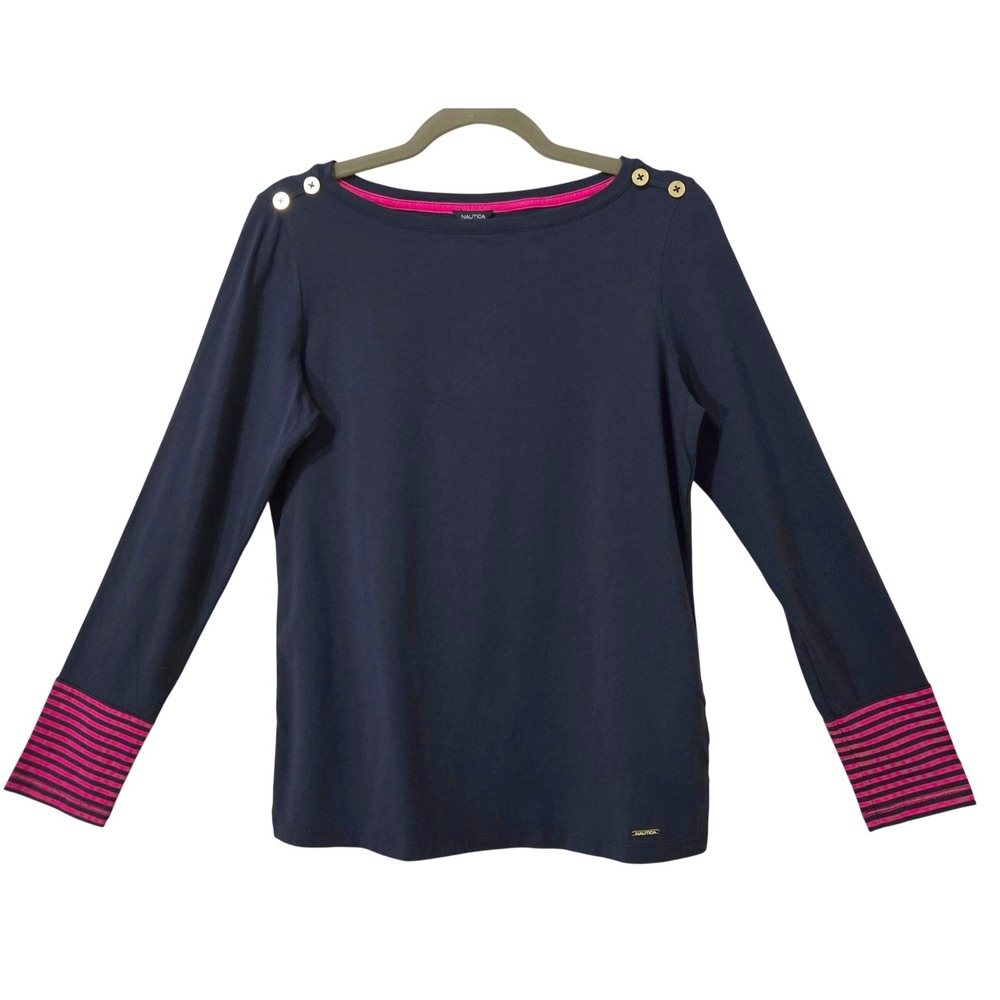 Nautica Women's M Navy Blue Hot Pink Striped Cuff Boat Neck Button Shoulder Top